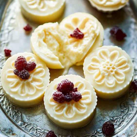 A plate of white and red desserts.