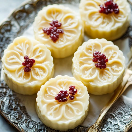 A plate of four small desserts with red berries on top.