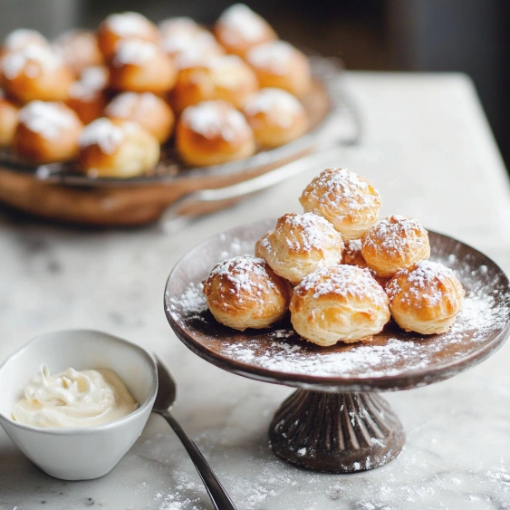 A bowl of powdered sugar covered doughnuts.