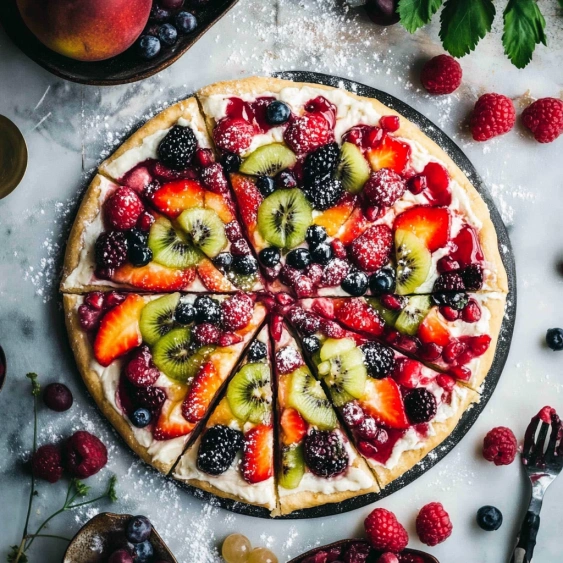 A fruit pizza with strawberries, kiwi, and blueberries.