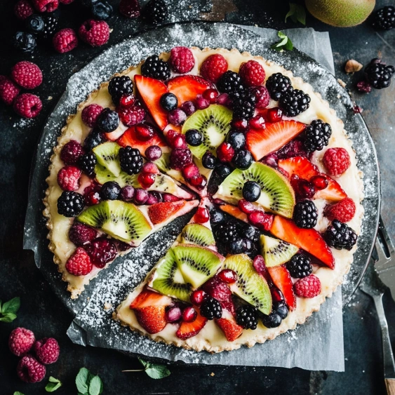A slice of fruit pie with kiwi, strawberries, blueberries, and raspberries.