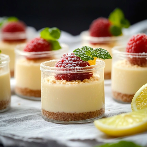 A plate of desserts with raspberries and lemon wedges.