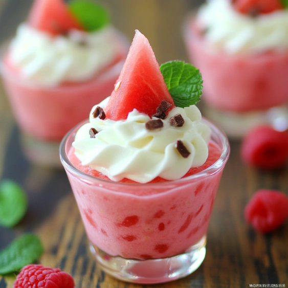 A glass of watermelon with whipped cream.