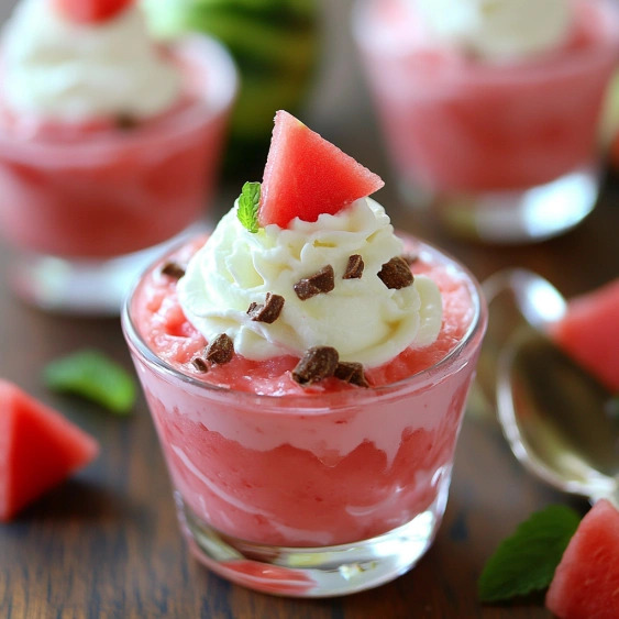 A glass of pink dessert with a slice of watermelon on top.