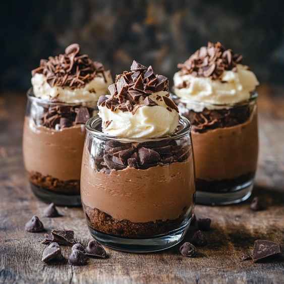 Three glasses of chocolate dessert.