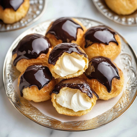 A plate of chocolate covered cream puffs.