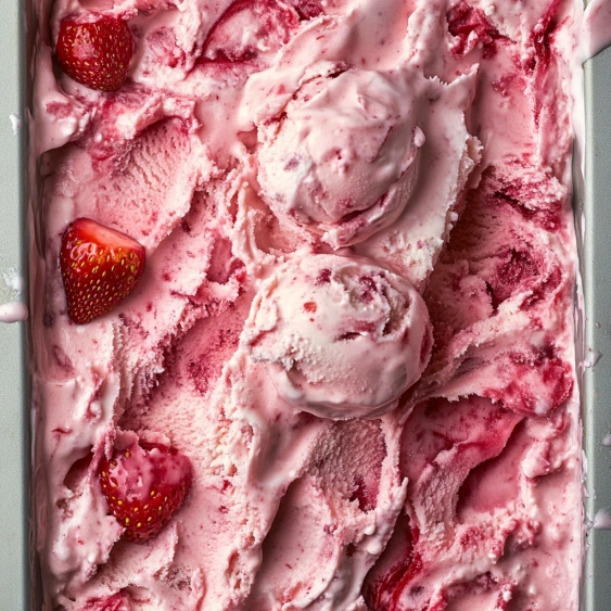 A close up of a dessert with strawberries and pink ice cream.