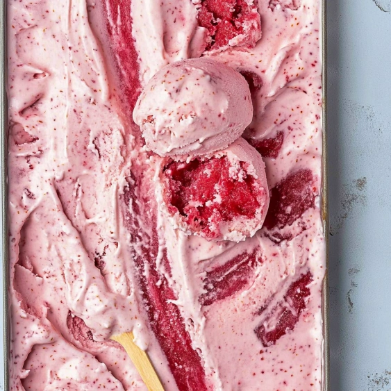 A close up of a red raspberry in a pink dessert.