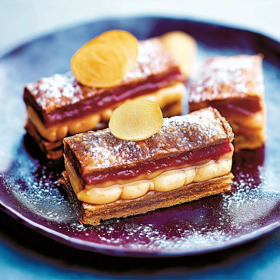 A plate of desserts with powdered sugar and fruit.