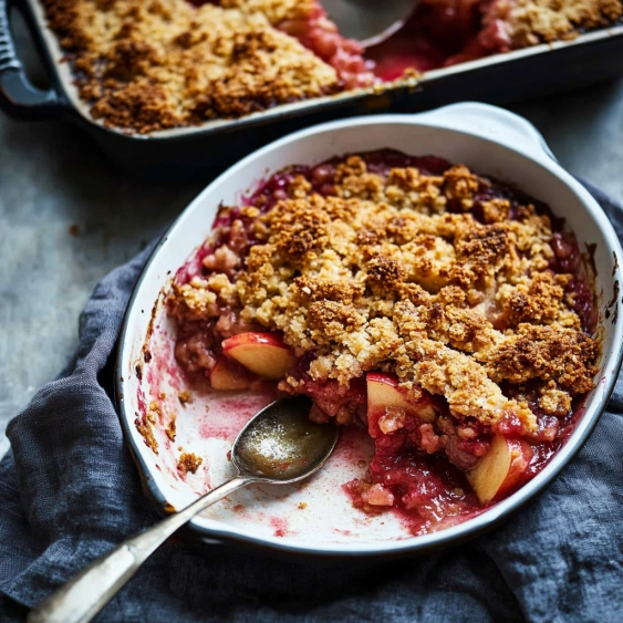 A bowl of fruit with a spoon in it.