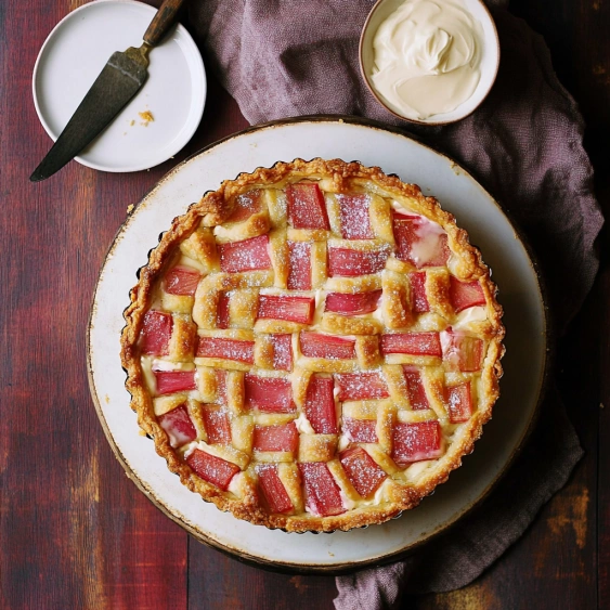 A pie with a lattice crust and a dollop of whipped cream on top.