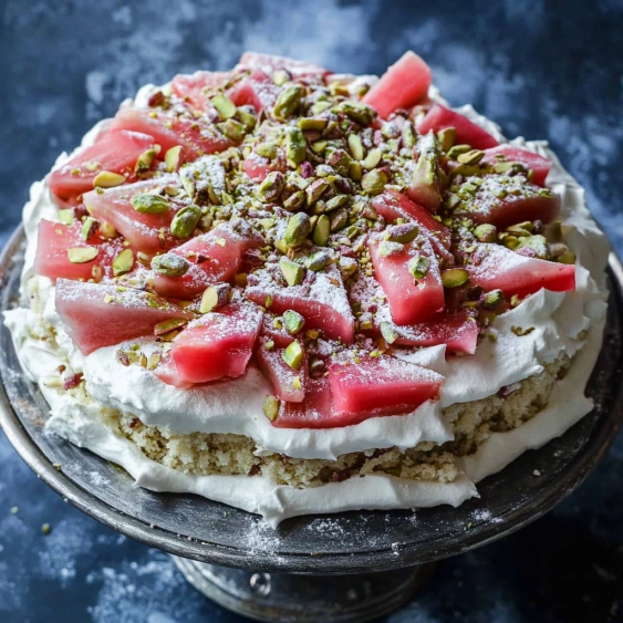 A cake with white frosting and fruit toppings.