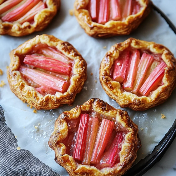 A tray of four small pies with pink and red toppings.