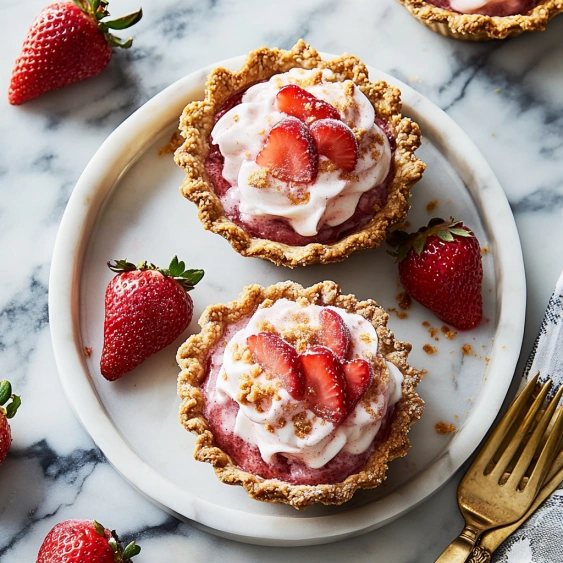 Two strawberry tarts on a plate.