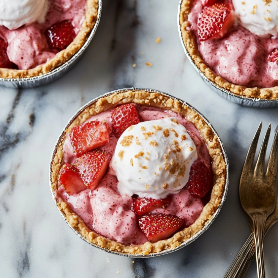A fork is next to a pie with strawberries and whipped cream.