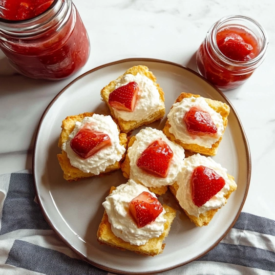 A plate of strawberry shortcake with strawberries on top.
