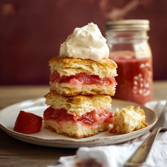 A stack of strawberry shortcake with whipped cream on top.