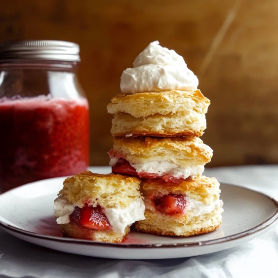 A stack of strawberry shortcake with whipped cream.