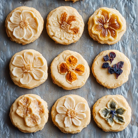 A collection of flower-shaped cookies.