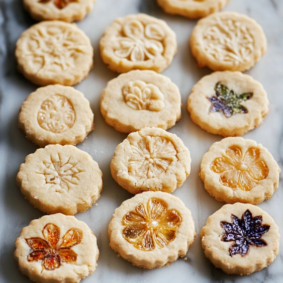 A tray of cookies with different designs on them.