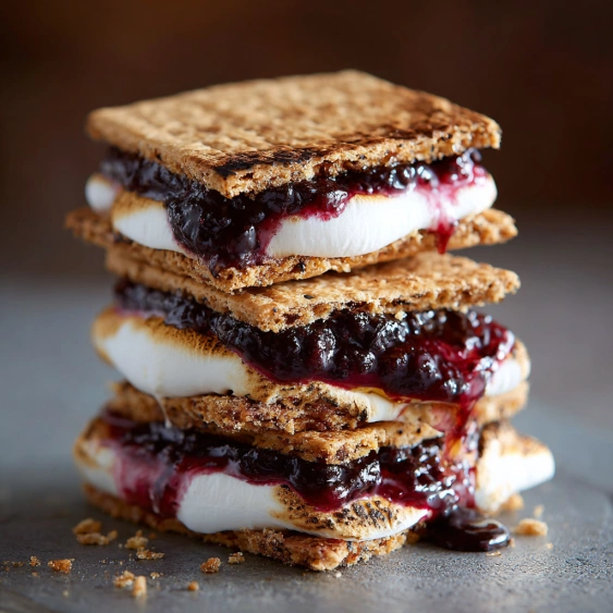 A stack of marshmallows with blueberry jam.