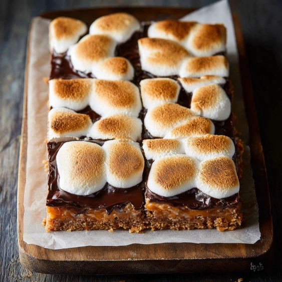 A square piece of cake with marshmallows on top.