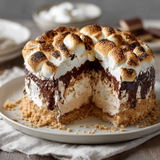 A slice of cake with marshmallows on top.
