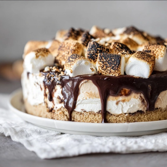 A slice of cake with chocolate and marshmallows.
