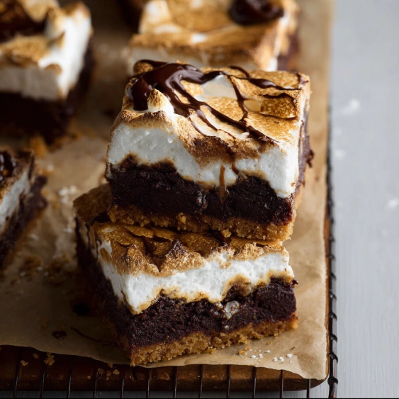A slice of chocolate cake with marshmallows on top.