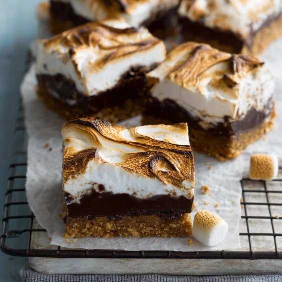 A piece of cake with marshmallows on top.
