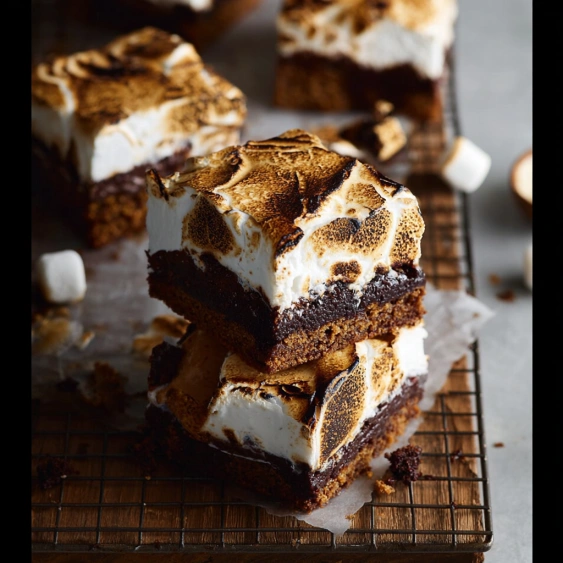 A slice of cake with marshmallows on top.