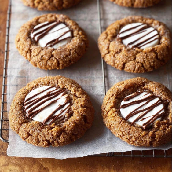 A tray of cookies with white icing and chocolate stripes.