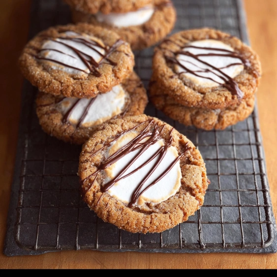 A tray of cookies with white frosting and chocolate drizzle.