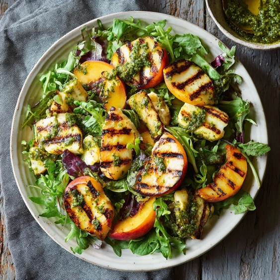 A plate of food with a salad and grilled peaches.