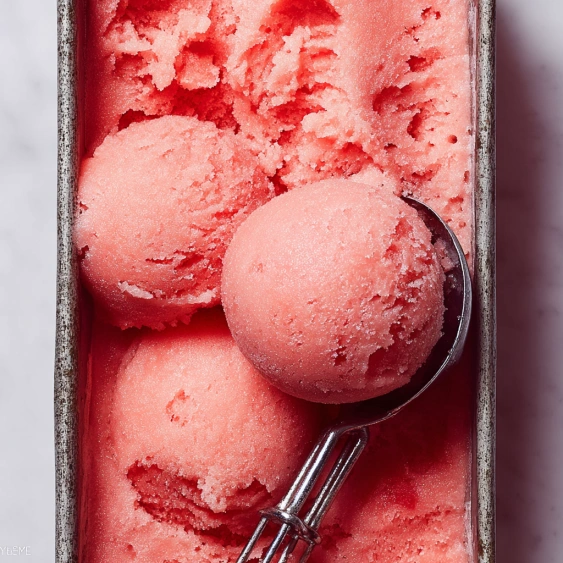 A container of pink ice cream with a spoon in it.