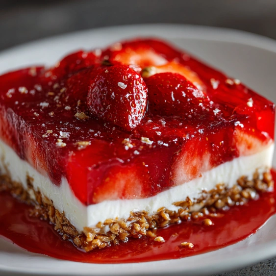 A slice of strawberry cheesecake with a strawberry on top.