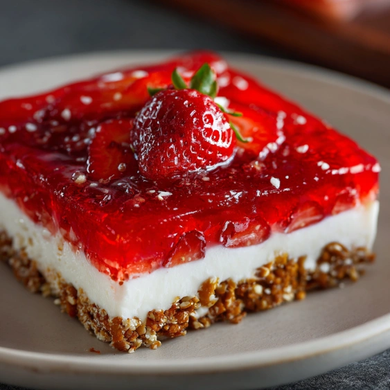 A slice of red velvet cake with strawberries on top.