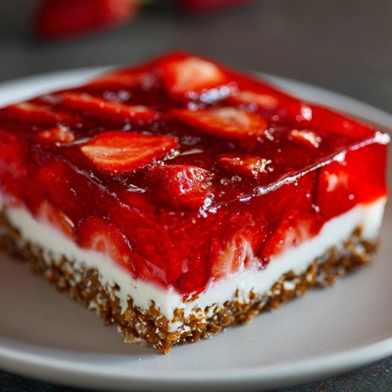 A slice of strawberry cheesecake on a plate.