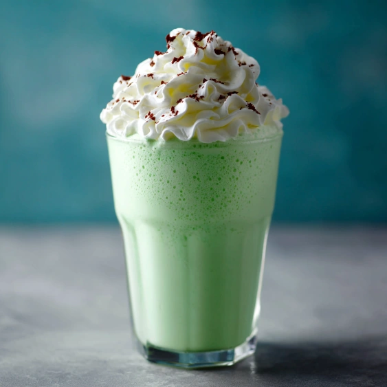 A glass of green milk with whipped cream.