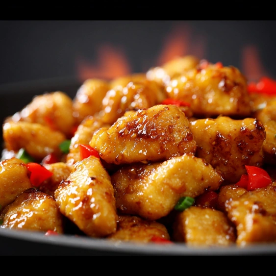 A plate of food with a fire in the background.