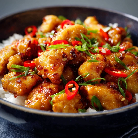 A bowl of chicken with peppers and rice.