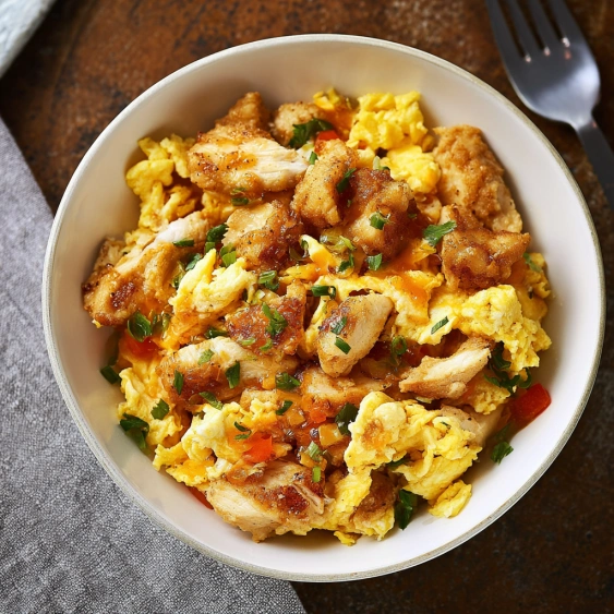 A bowl of chicken and vegetables.