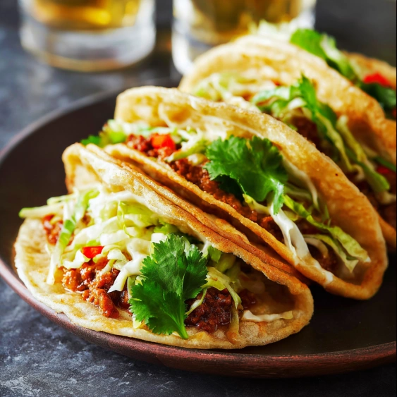 A plate of tacos with lettuce and meat.