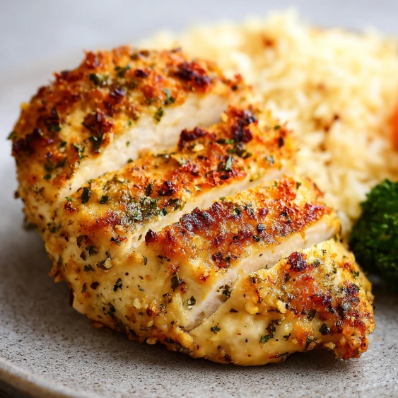 A piece of chicken with rice and broccoli.