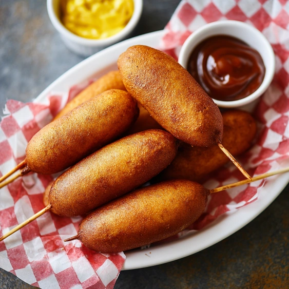 A plate of corn dogs with ketchup.