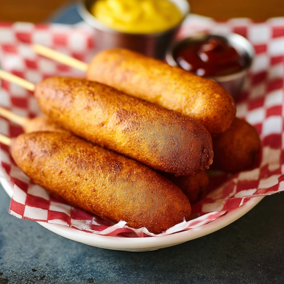 A plate of corn dogs with a side of ketchup.