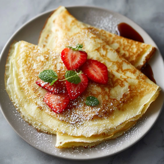 A plate of French toast with strawberries and powdered sugar.