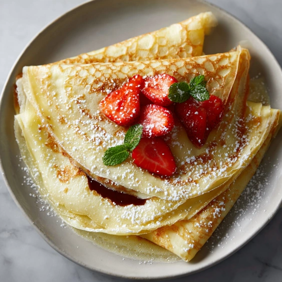 A plate of French toast with strawberries and powdered sugar.