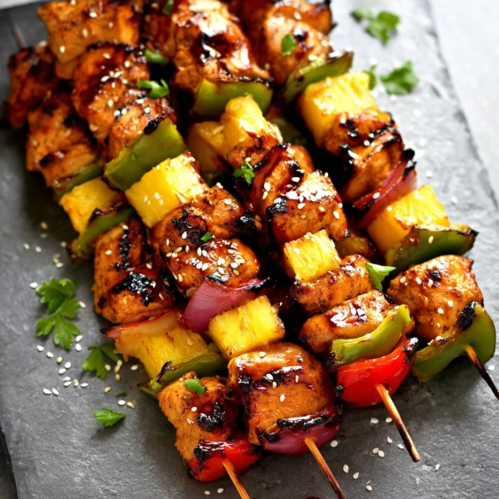 A skewer of meat with peppers and onions.