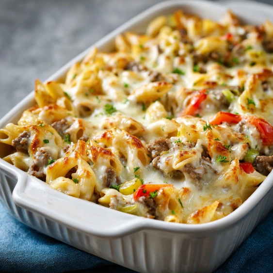 A white bowl filled with pasta and meat.